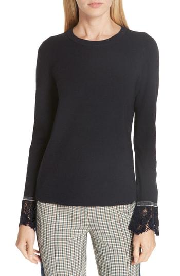 Women's Tory Burch Lace Trim Merino Wool Sweater - Blue