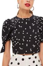 Women's Topshop Spot Print Tie Sleeve Crop Top Us (fits Like 0) - Black