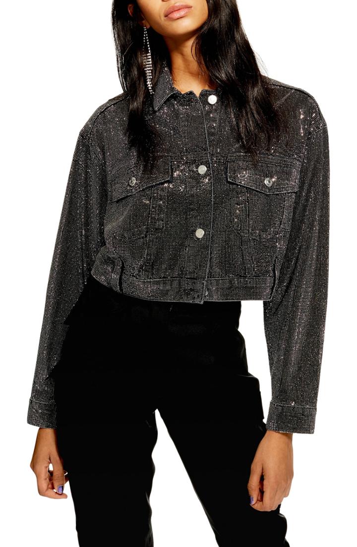 Women's Topshop Crystal Pin Stud Denim Jacket - Black