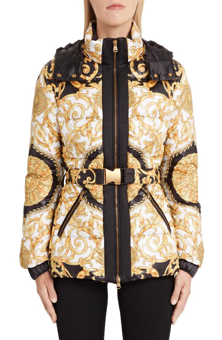 Women's Versace First Line Hibiscus Print Quilted Coat Us / 42 It - Black