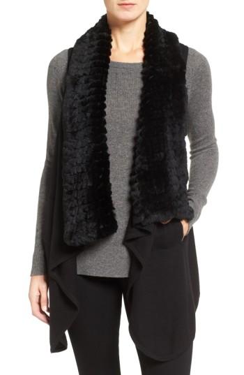 Women's Belle Fare Cashmere Drape Vest With Genuine Rex Rabbit Fur Trim, Size - Black