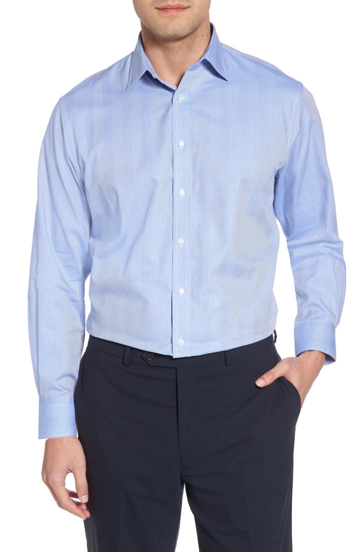 Men's Nordstrom Men's Shop Traditional Fit Herringbone Dress Shirt 34/35 - Blue