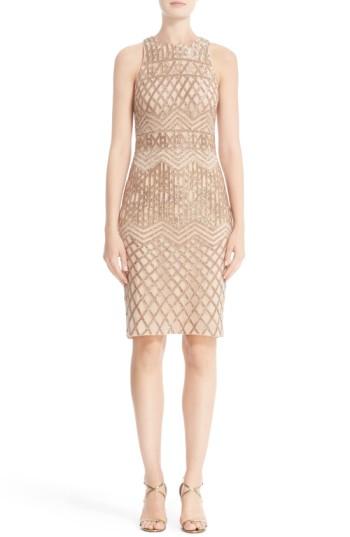 Women's Rachel Gilbert Beaded High Neck Sheath Dress - Metallic