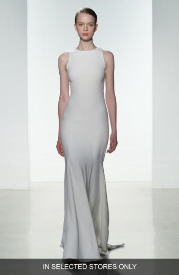 Women's Amsale Brody Embellished Back Crepe Mermaid Gown, Size - Ivory