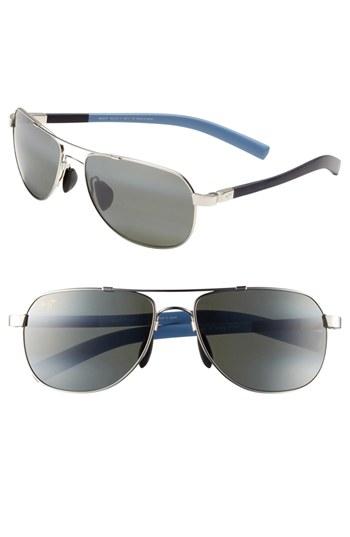 Men's Maui Jim 'maui Flex - Polarizedplus2' 56mm Aviator Sunglasses - Silver/ Blue/ Light Blue