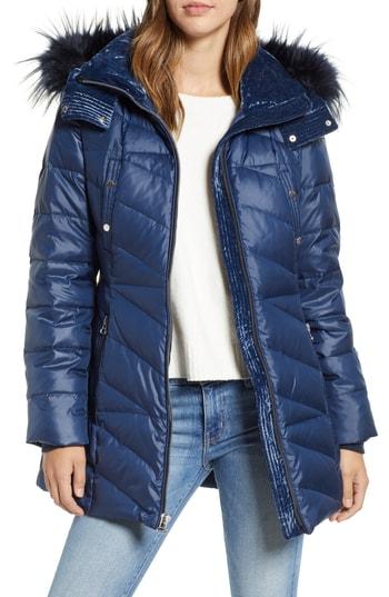 Women's Marc New York Faux Fur Trim Puffer Jacket - Blue
