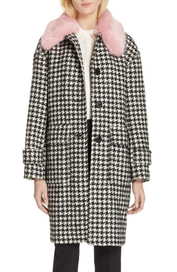 Women's Kate Spade New York Faux Fur Trim Houndstooth Coat, Size - Black