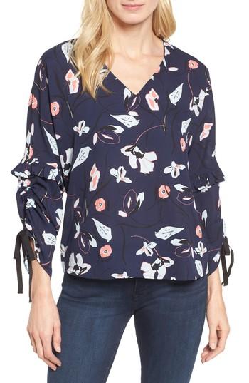 Petite Women's Halogen Ruched Tie Sleeve Top, Size P - Blue