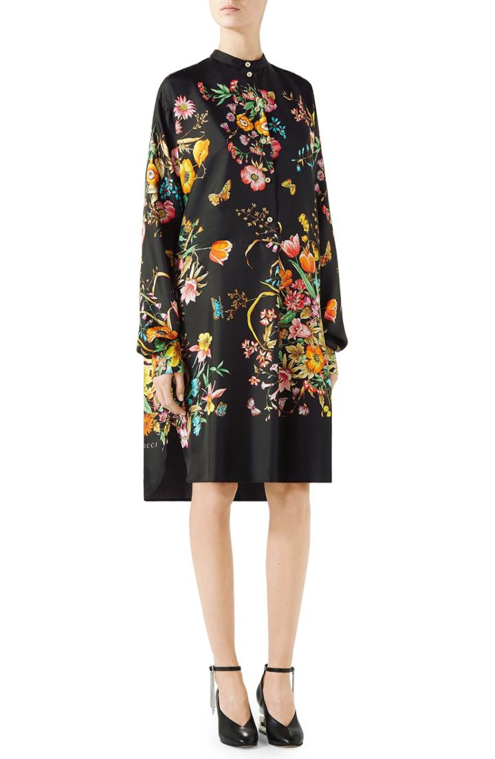 Women's Gucci Floral Print Silk Shirtdress Us / 40 It - Black