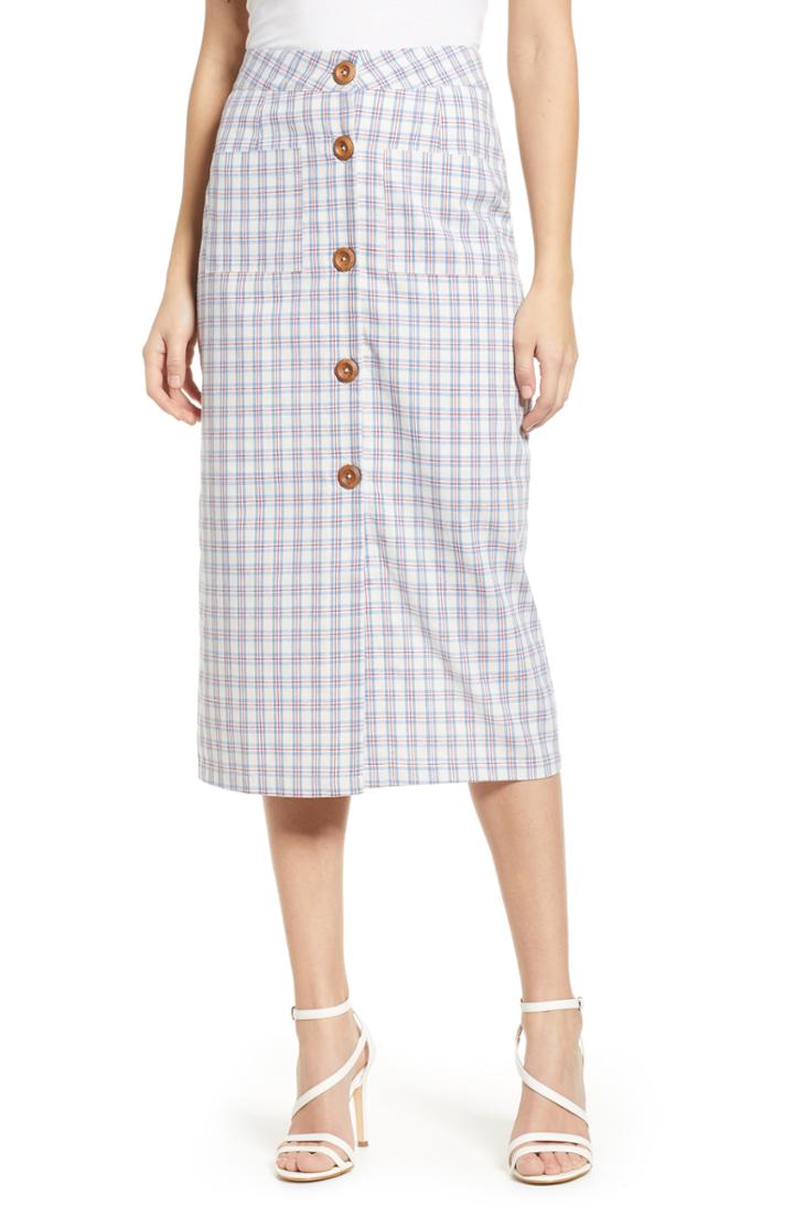Women's English Factory Plaid Button Down Midi Skirt - Blue