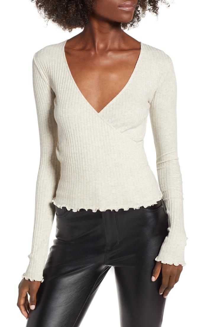 Women's Bp. Lettuce Edge Ribbed Top, Size - Beige