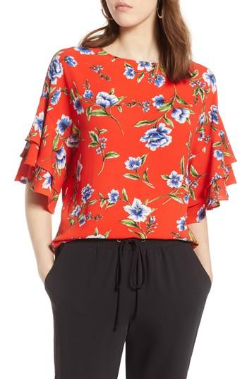 Women's Halogen Ruffle Sleeve Print Top - Red