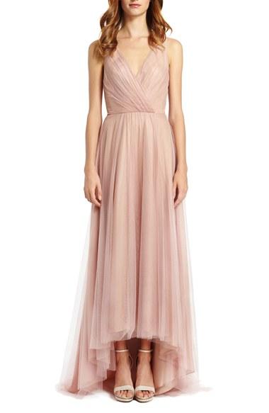 Women's Monique Lhuillier Bridesmaids Pleat Tulle V-neck High/low Gown - Pink