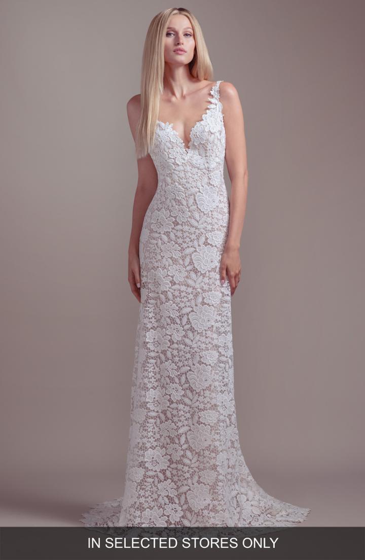 Women's Blush By Hayley Paige Atlas Lace Sheath Wedding Dress, Size In Store Only - Ivory