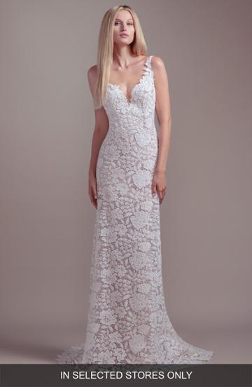 Women's Blush By Hayley Paige Atlas Lace Sheath Wedding Dress, Size In Store Only - Ivory