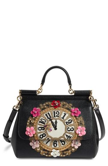 Dolce & Gabbana 'small Miss Sicily - Floral Clock' Calfskin Leather Satchel -