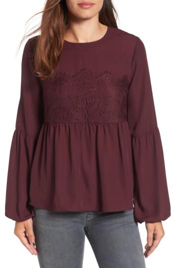 Women's Halogen Lace Ruffle Hem Blouse, Size - Burgundy