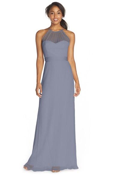 Women's Amsale Illusion Yoke Silk Chiffon Halter Style Gown - Blue