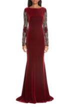 Women's Badgley Mischka Collection Embellished Sleeve Velvet Gown - Red