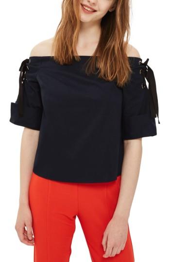 Women's Topshop Lace-up Off The Shoulder Top Us (fits Like 0-2) - Blue