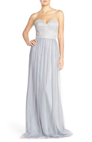 Women's Hayley Paige Occasions Strapless Metallic Lace & Net Gown