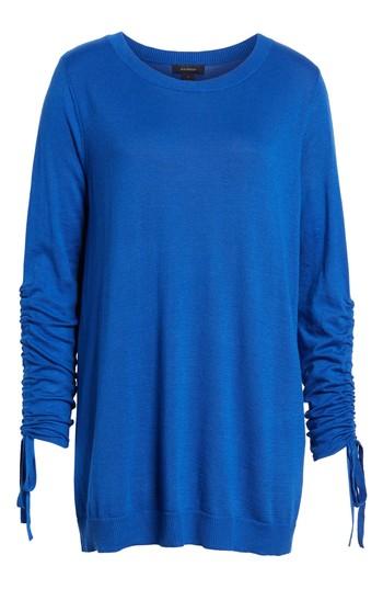 Petite Women's Halogen Ruched Sleeve Tunic Sweater, Size P - Blue