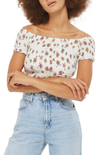Women's Topshop Floral Off The Shoulder Crop Top Us (fits Like 0) - Ivory
