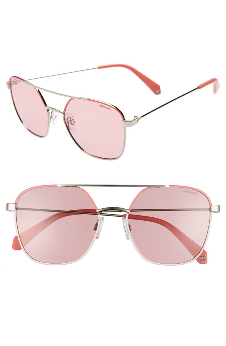 Women's Polaroid 56mm Polarized Square Aviator Sunglasses - Pink/ Silver