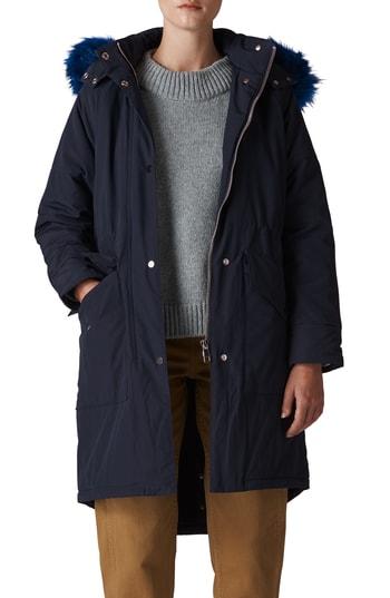 Women's Whistles Megan Water Repellent Parka With Faux Fur Trim - Blue