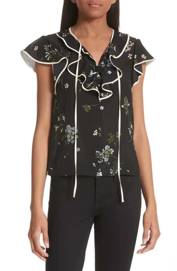 Women's Red Valentino Floral Print Ruffle Neck Silk Blouse Us / 42 It - Black