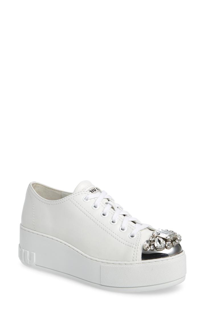 Women's Miu Miu Crystal Cap Toe Sneaker .5us / 39.5eu - White