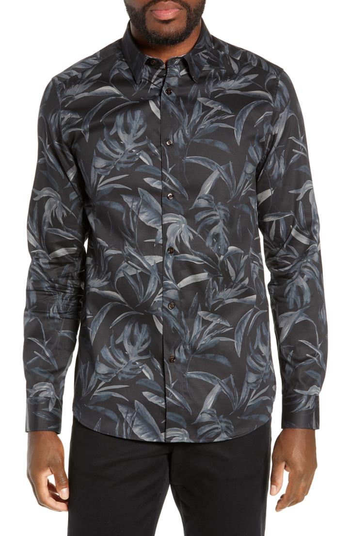 Men's Ted Baker London Slim Fit Leaf Print Shirt (s) - Blue