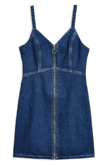 Women's Topshop Sleeveless Front Zip Denim Dress Us (fits Like 0-2) - Blue