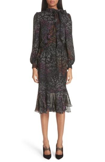 Women's Co Floral Print Ruffle Trim Silk Dress - Black