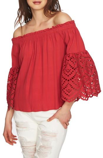 Women's 1.state Off The Shoulder Eyelet Sleeves Blouse - Red