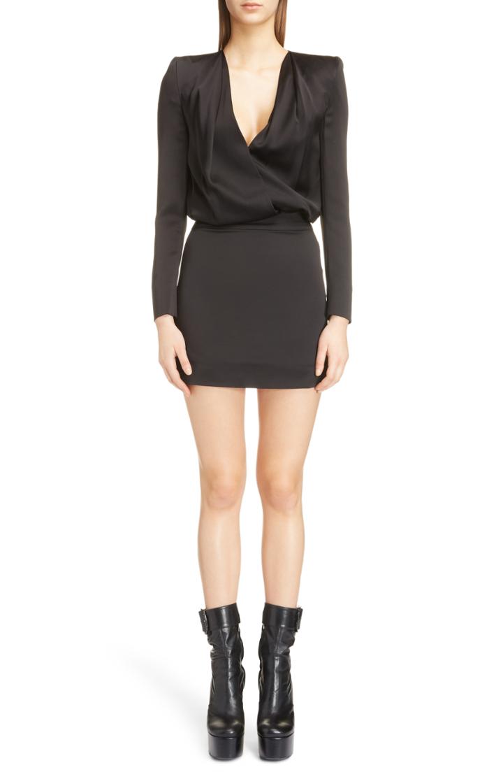Women's Saint Laurent Plunge Neck Satin Minidress Us / 38 Fr - Black