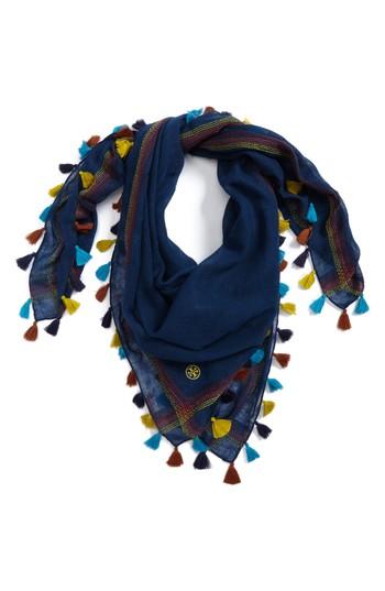 Women's Tory Burch Embroidered Tassel Trim Wool Square Scarf, Size - Blue