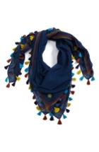 Women's Tory Burch Embroidered Tassel Trim Wool Square Scarf, Size - Blue