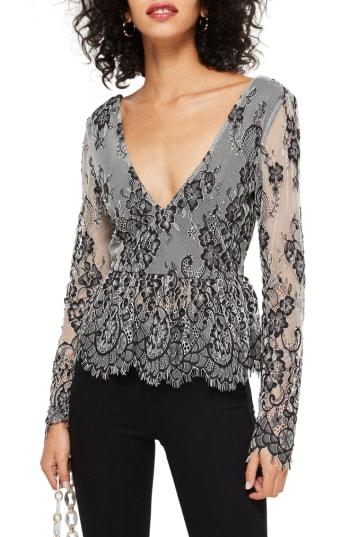 Women's Topshop Tie Back Lace Peplum Top Us (fits Like 0) - Black