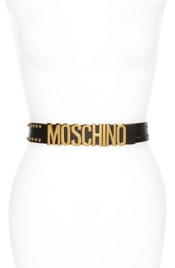 Women's Moschino Logo Plate Studded Leather Belt - Black