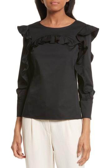 Women's Rebecca Taylor Ruffle Stretch Cotton Blouse - Black