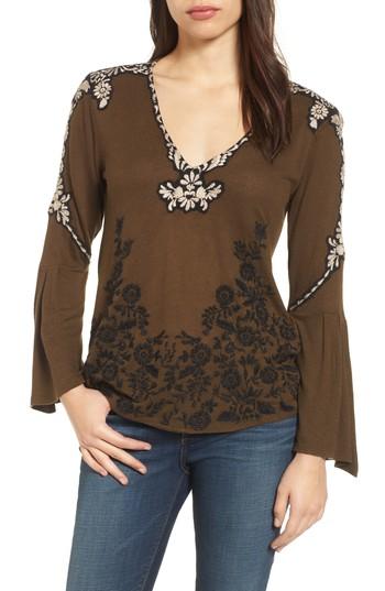 Women's Lucky Brand Bell Sleeve Embroidered Top - Green