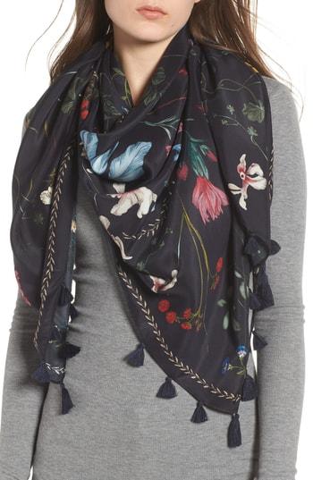 Women's Treasure & Bond Floral Print Tassel Silk Scarf, Size - Blue