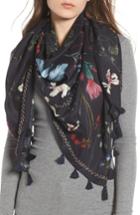 Women's Treasure & Bond Floral Print Tassel Silk Scarf, Size - Blue
