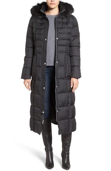 Women's Larry Levine Quilted Maxi Coat With Faux Fur Trim