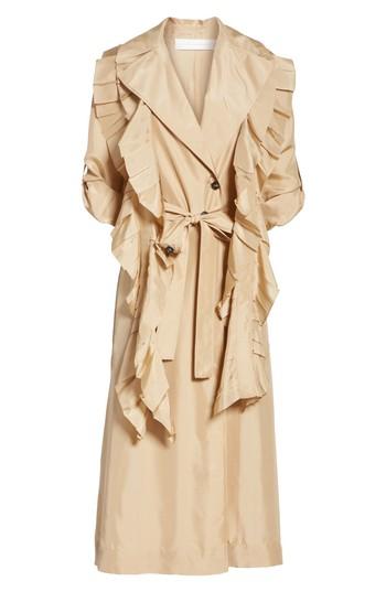 Women's Victoria Beckham Removable Ruffle Silk Habotai Trench Coat Us / 12 Uk - Beige