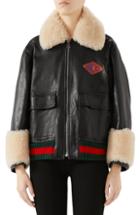 Women's Gucci Genuine Shearling Trim Leather Bomber Jacket Us / 46 It - Black