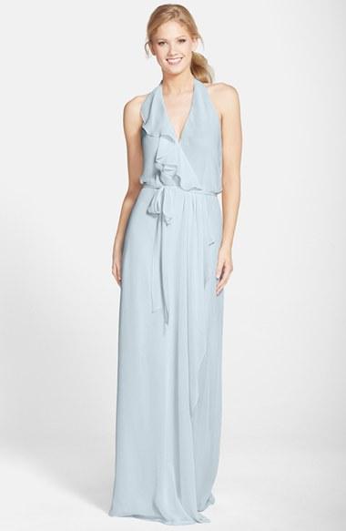 Women's Nouvelle Amsale 'erica' Ruffle Chiffon Halter Neck Wrap Gown, Size - Grey