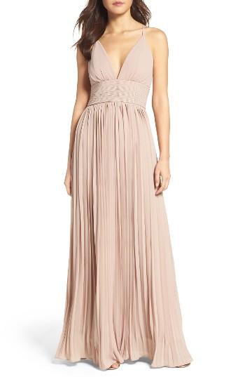 Women's Lulus Plunging V-neck Pleat Georgette Gown - Beige
