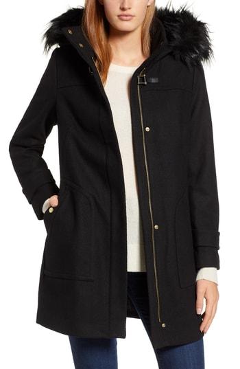 Women's Cole Haan Signature Wool Blend Twill Duffle Jacket With Faux Fur Trim - Black